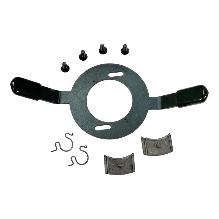 Circular metal bracket with two extending arms and accompanying hardware components.