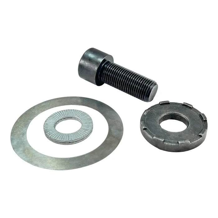 Set of metal fasteners including a bolt, washers, and a locking nut.