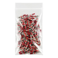 Plastic bag filled with red and silver electrical connectors or terminals.
