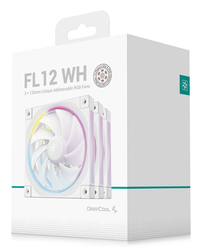 DeepCool FL12 120mm PWM 3 Pack White Fan - High Performance, Low Noise, Fluid Dynamic Bearing, 36 ARGB LEDs, 500-2150 RPM, 55 CFM Airflow, 4-Pin PWM Control