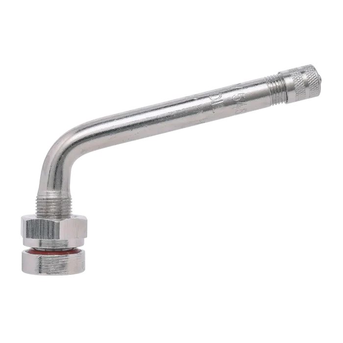 Chrome-plated Dill DV-545E clamp-in TPMS valve stem with 75° bend for .390’’ hole