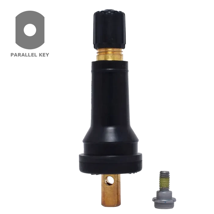 Tubular black and gold tire valve stem with a removable cap.