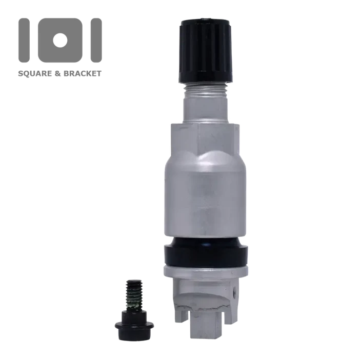 Gray plastic valve or connector with a black cap and small detached screw component.