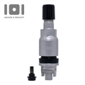 Gray plastic valve or connector with a black cap and small detached screw component.