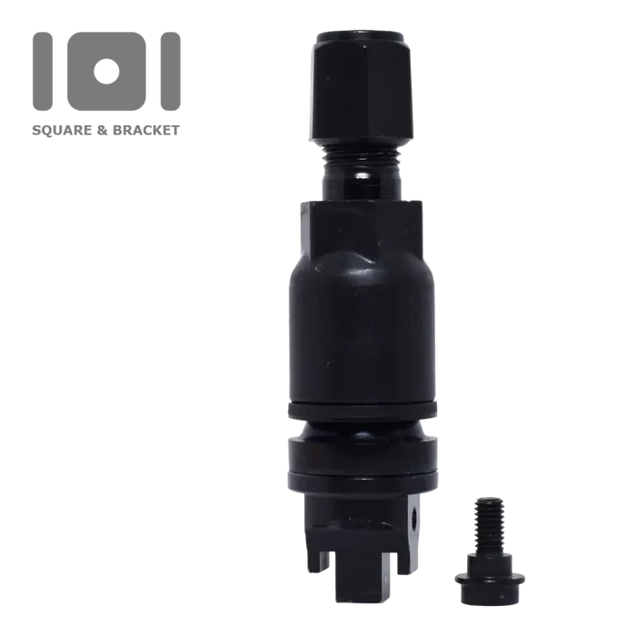 Black cylindrical device with multiple segments and a protruding top portion.