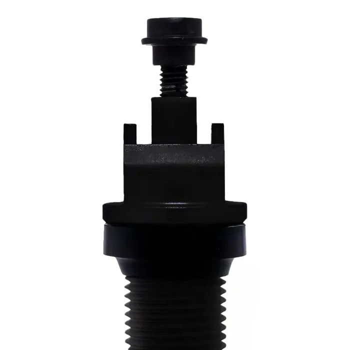 Black mechanical component with threaded sections and a cylindrical body.