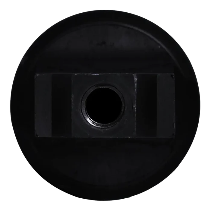 Black circular object with a rectangular cutout and central hole.