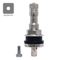 Metal tire valve stem with a threaded body and hexagonal nut.