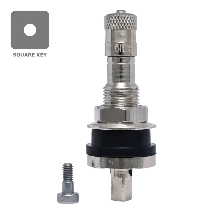 Metal tire valve stem with a threaded body and hexagonal nut.