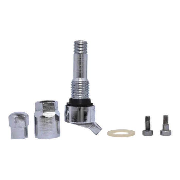 Tire valve stem with associated hardware components.