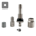 Tire valve stem assembly with various components and fittings.