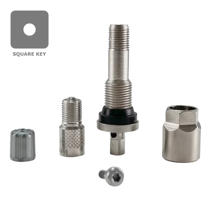 Tire valve stem assembly with various components and fittings.