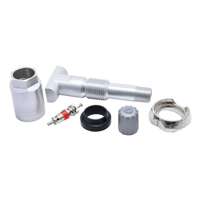 Tire pressure monitoring system (TPMS) sensor replacement kit with various metal and rubber components.