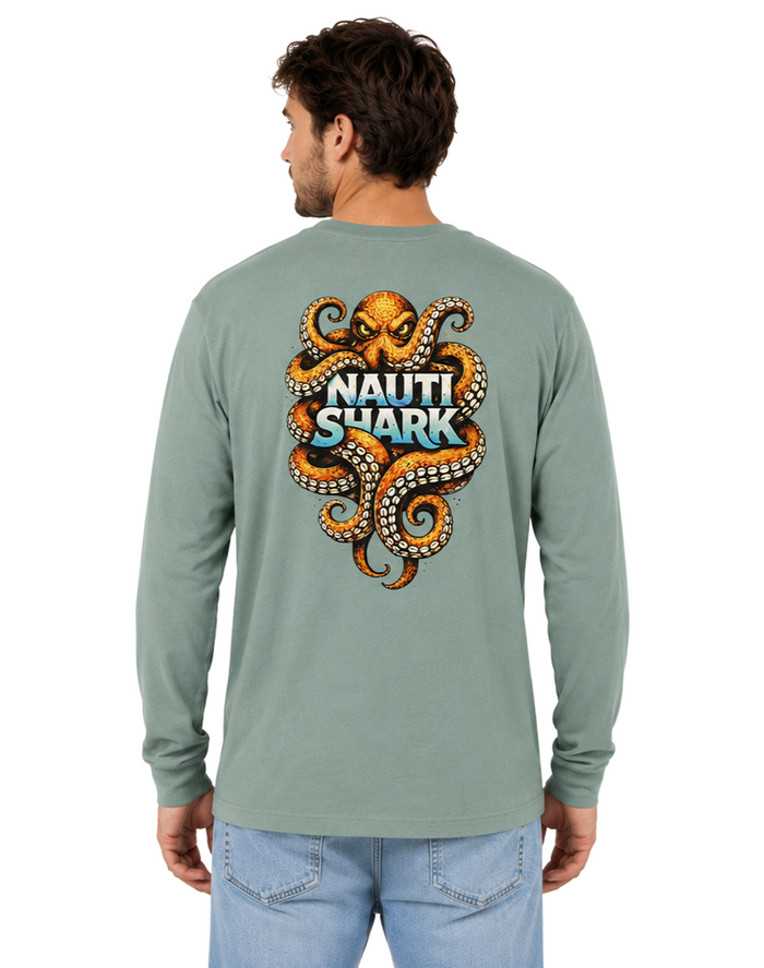 Dusty Blue KRAKEN Long Sleeve T-SHIRT - Orange Design
