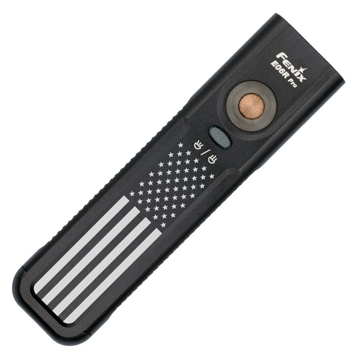 Fenix E06R Pro flat flashlight device with American flag engraved design on a white background
