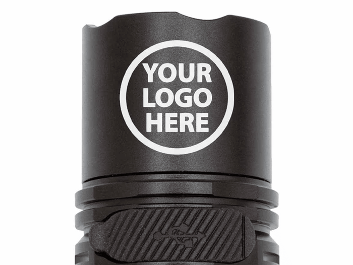 Black flashlight with 'Your Logo Here' text on a white background