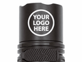 Black flashlight with 'Your Logo Here' text on a white background