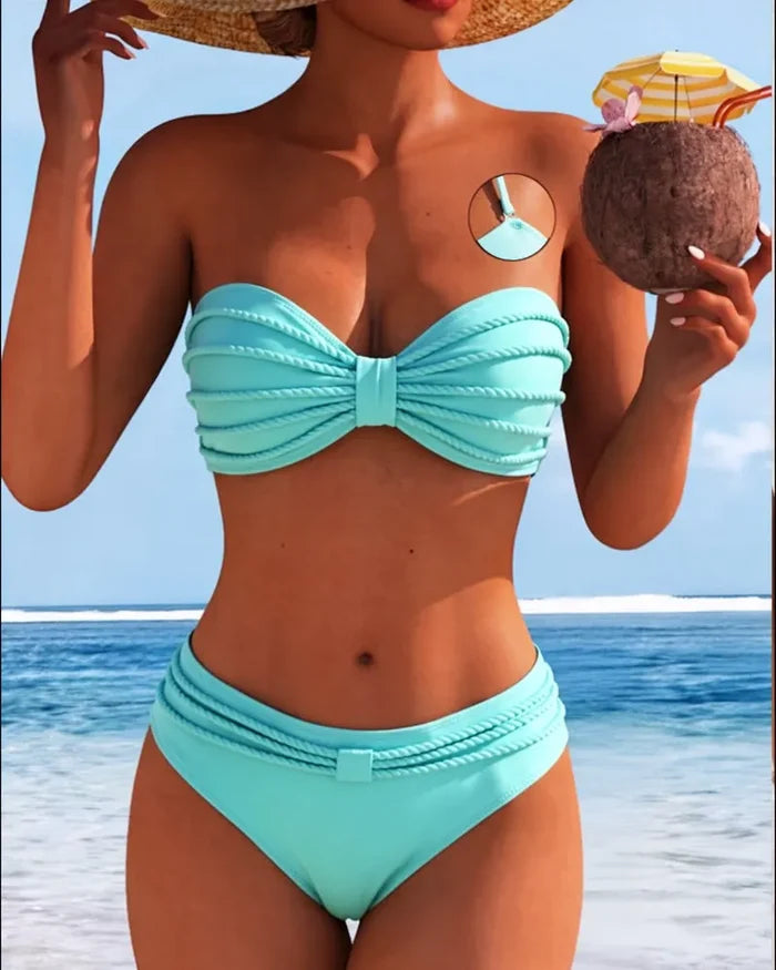 Enobarvne črtaste kopalke z razcepljenim bikinijem-SI