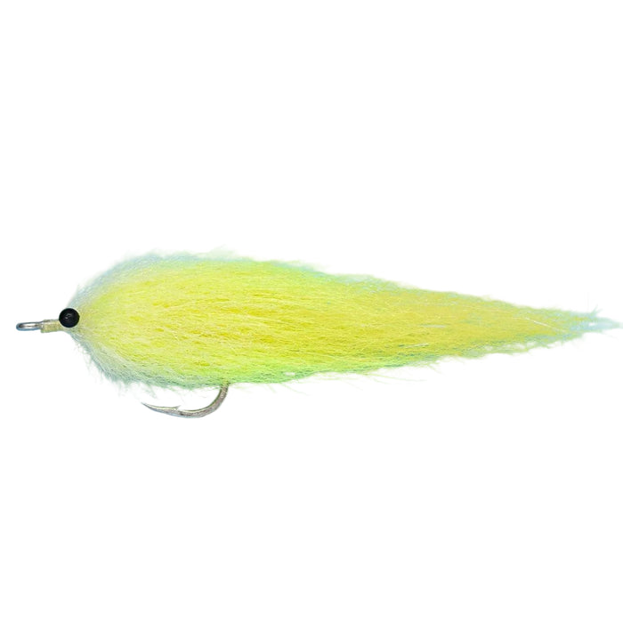 Yellow EP Boca Grande tarpon fishing fly, #3/0 size with fuzzy tapered body and black bead eye
