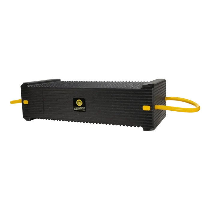 Black power strip with yellow cord, complementing Esco 100 Ton Interlocking Cribbing Block