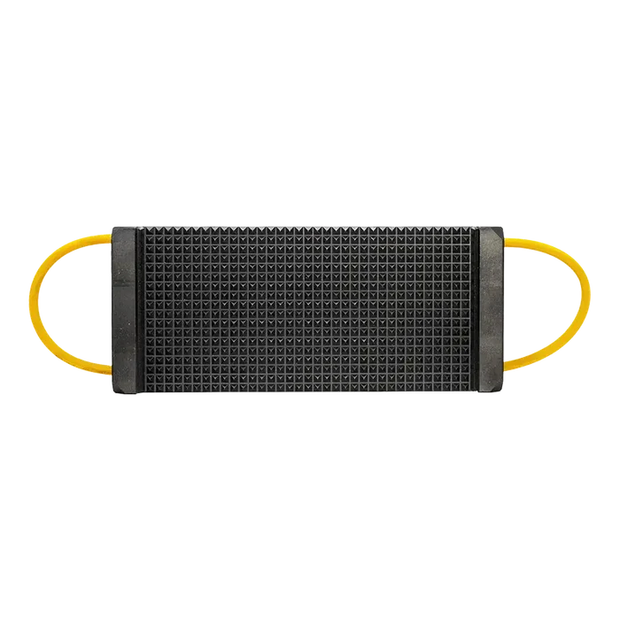 Black textured bite sleeve with yellow straps for effective dog training and safety