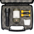 Fenix emergency kit with Fenix C7 Pro flashlight, CL26R Pro lantern, AOD-04 diffuser, and batteries in a case