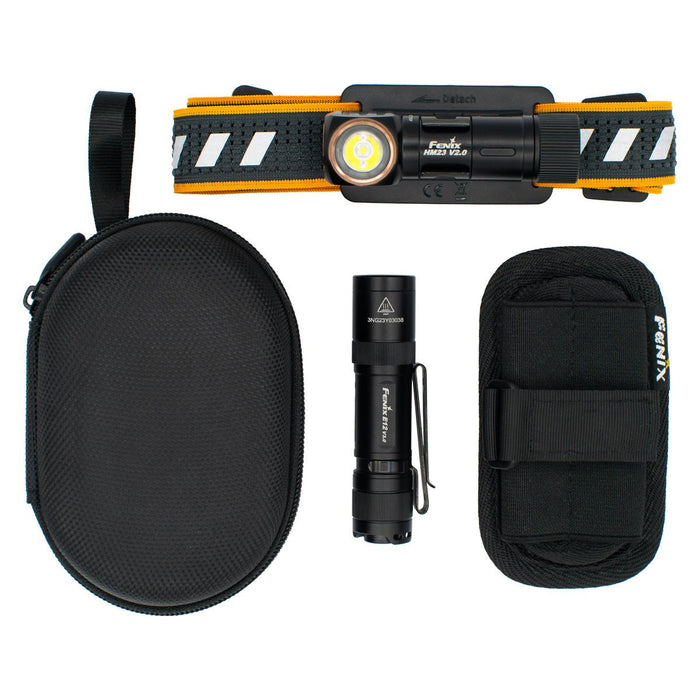 Set of Fenix HM23 V2.0 headlamp, Fenix E12 V3.0 flashlight, and APB-20 carry case on a white background