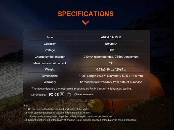 specifications fenix arb-l14-1050 li-ion battery