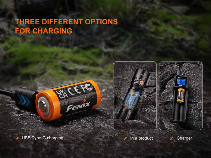 Fenix ARB-L16-1050UP Battery with text and pictures of the different charging methods