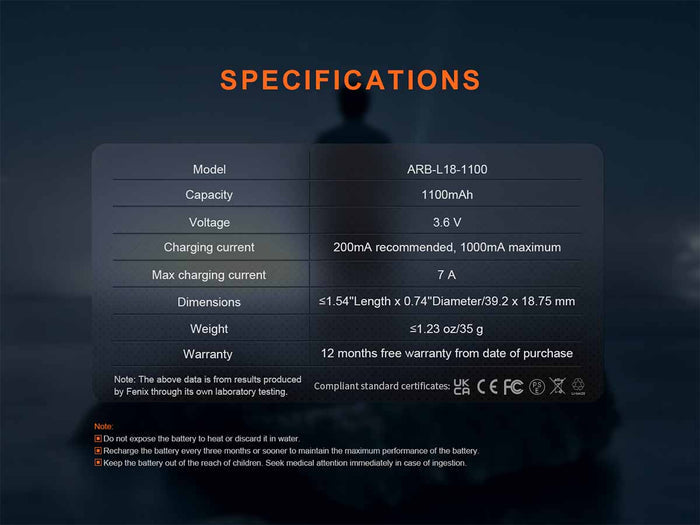 fenix arb-l18-1100 rechargeable battery specifications