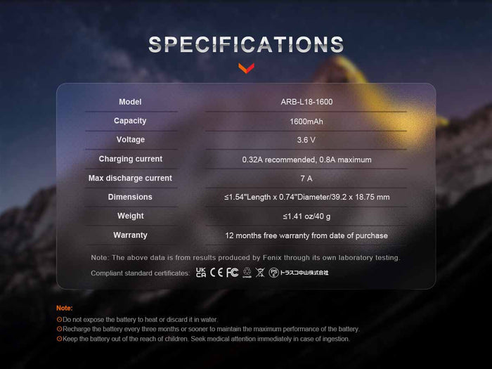 specifications fenix arb-l18-1600 rechargeable battery