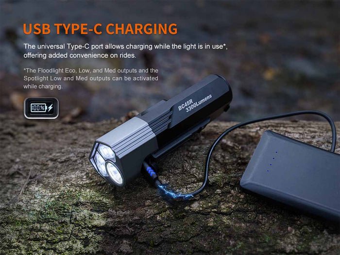 Fenix BC45R bike light with USB Type-C charging feature on a wooden surface