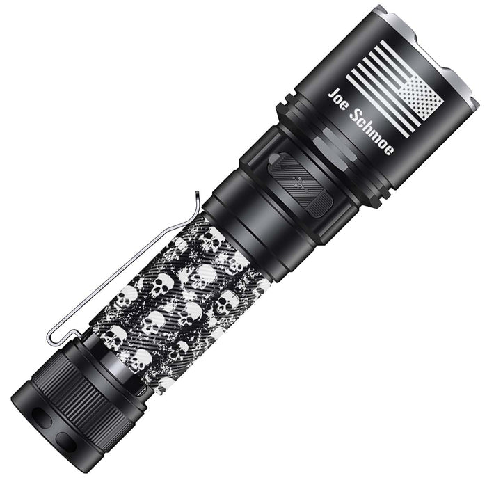 Fenix C7 pro flashlight with grunge skull engraved design and custom engraving on a white background