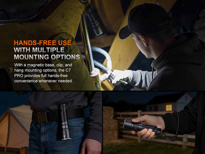 Person using the Fenix C7 Pro flashlight with text about hands-free use and mounting options.