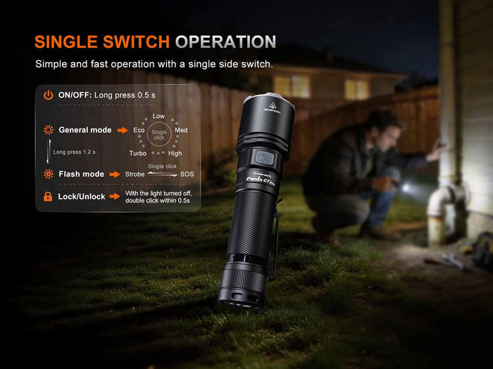 Fenix C7 pro flashlight with single switch text overlay on a grassy area at night