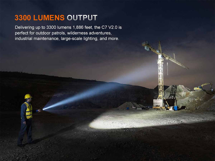 Person using the Fenix C7 V2.0 with 3300 lumens output in a dark outdoor setting, illuminating a construction site