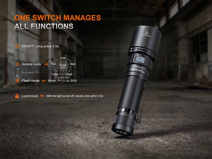 Fenix C7 V2.0 on a dark concrete floor with text highlighting its switch functions