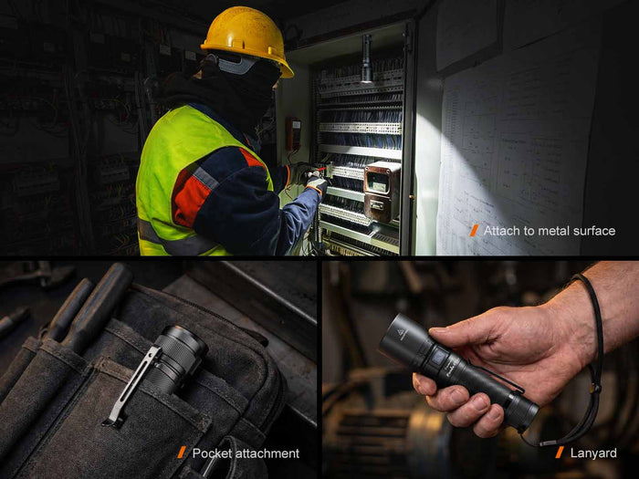 Collage of a person in a hard hat and reflective vest using the Fenix C7 V2.0, with close-ups of the flashlight's various attachment options