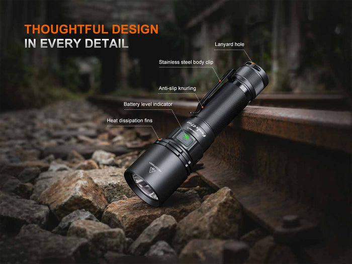 Fenix C7 V2.0 on rocks with highlighted features