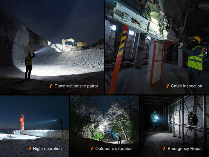 Collage of images showing a person using the Fenix C7 V2.0 in various settings including a construction site, cable inspection, night operation at ports, outdoor exploration, and emergency repair