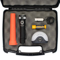 Emergency car pack with Fenix LD35R flashlight, CL20R V2.0 lantern, NW20 emergency whistle, AOT-03 traffic wand, and batteries in a case on a white background