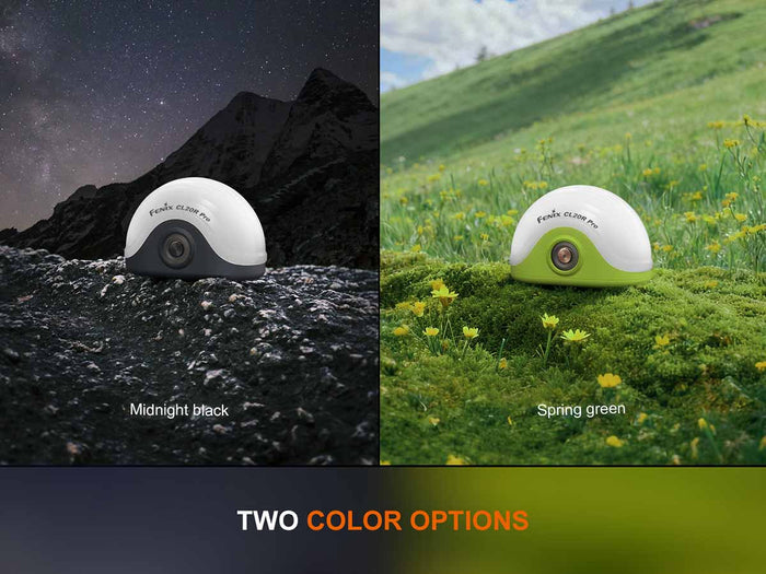Fenix CL20R Pro lantern two color options of a device on a dark background and grassy field