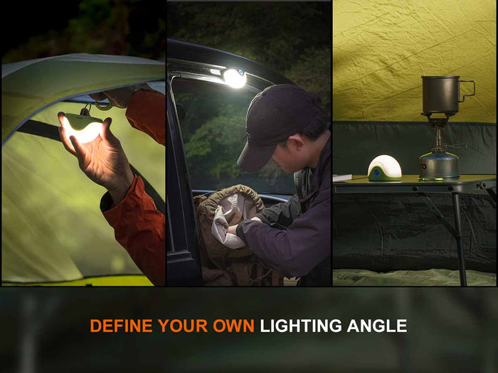 Three images of the Fenix CL20R Pro Rechargeable Lantern displaying the different lighting angles