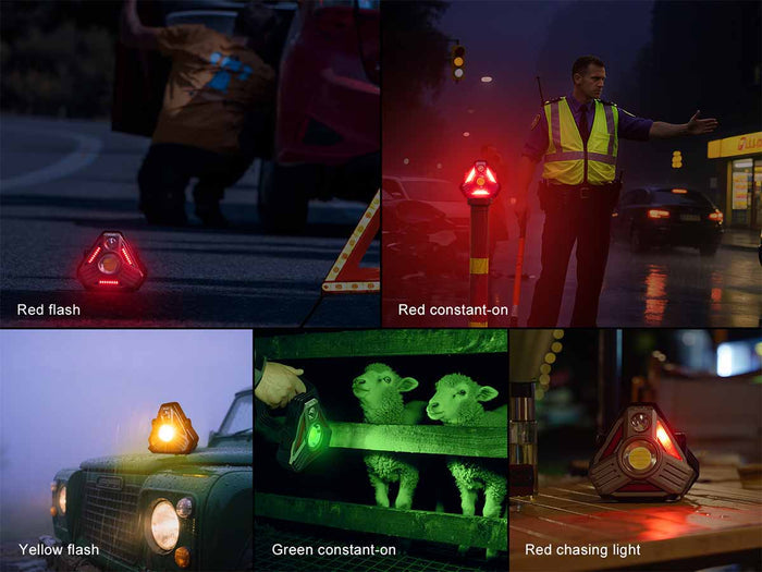 Collage showing the different types of warning modes for the Fenix CP50R lantern