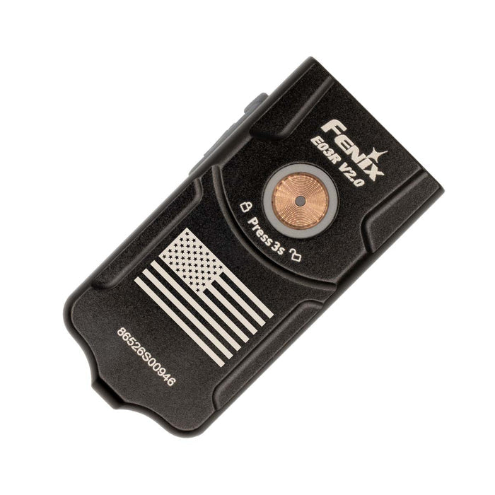 Fenix E03R V2.0 with an American Flag engraved design shown at an angle on a white background
