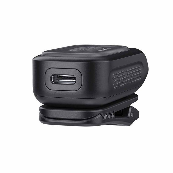 Fenix E04R Clip On Flashlight rear USB port view on a white background