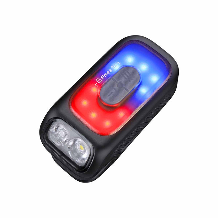 Fenix E04R Clip On Flashlight with red and blue light mode on a white background