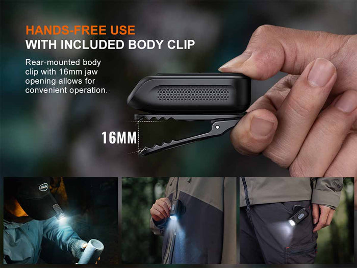 Fenix E04R flashlight with body clip feature, shown in use on a person and in a dark setting