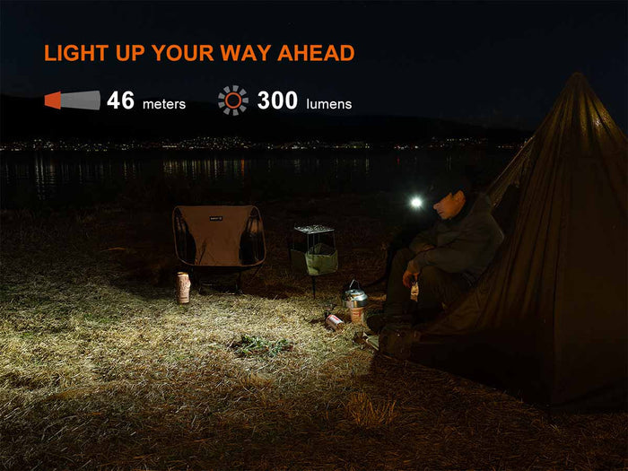 Person camping at night using the Fenix E04R clip on flashlight with text about optimal brightness and distance