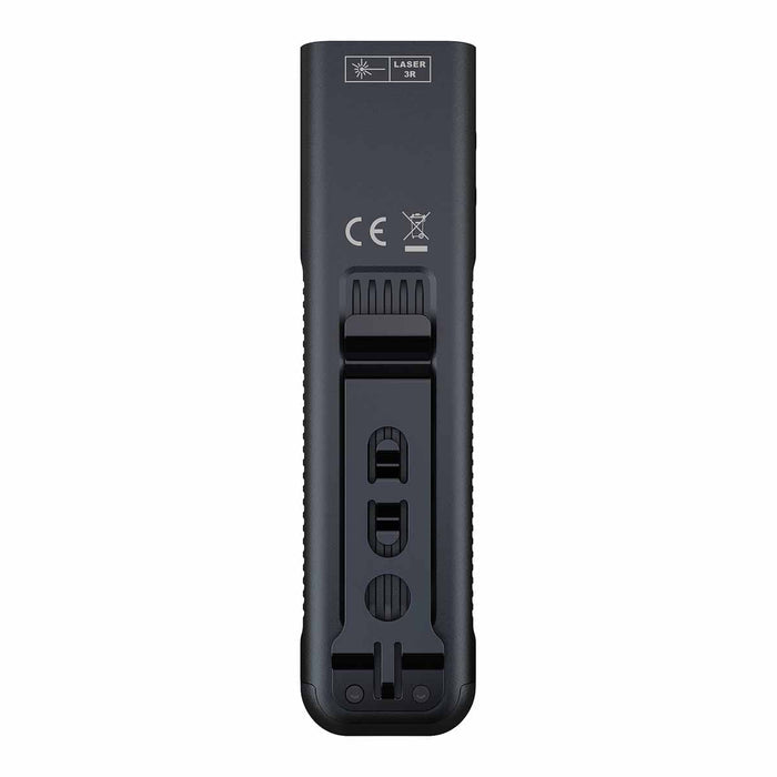 Fenix E06R Pro Flat EDC Flashlight upright, standing, back view on a white background